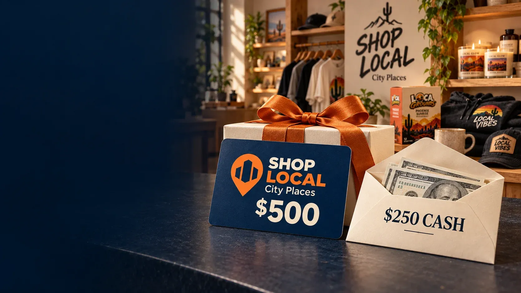 $500 SHOP LOCAL Kentucky Places gift card and $250 cash envelope in front of a SHOP LOCAL store and product display.